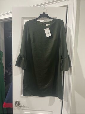Everly Olive Green Ruffle-Sleeve Shift Dress